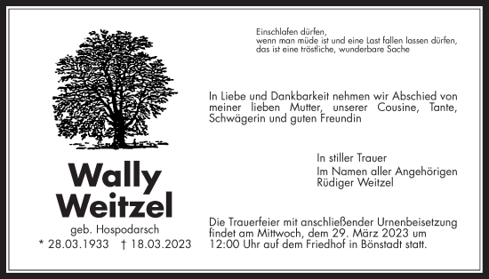 Traueranzeige von Wally Weitzel von Wetterauer Zeitung