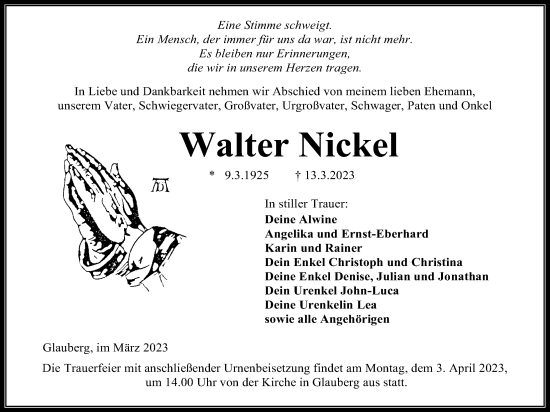 Traueranzeige von Walter Nickel von Kreis-Anzeiger
