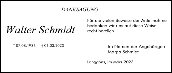 Traueranzeige von Walter Schmidt von Giessener Allgemeine, Alsfelder Allgemeine, Giessener Anzeiger