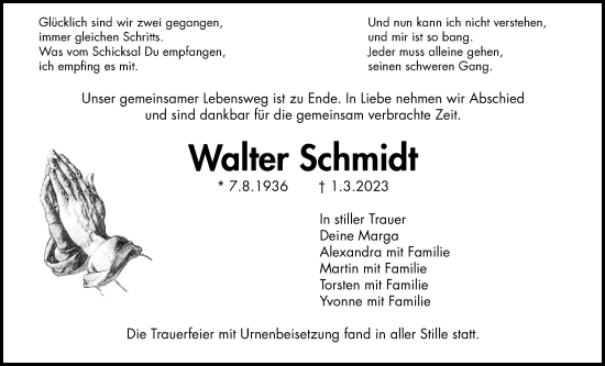 Traueranzeige von Walter Schmidt von Giessener Anzeiger, Giessener Allgemeine, Alsfelder Allgemeine