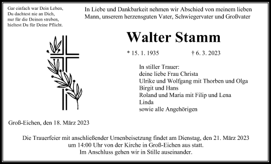 Traueranzeige von Walter Stamm von Giessener Allgemeine, Alsfelder Allgemeine