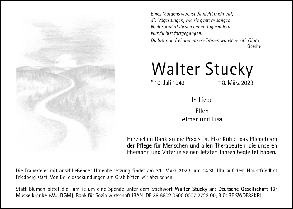  Traueranzeige für Walter Stucky vom 18.03.2023 aus Wetterauer Zeitung