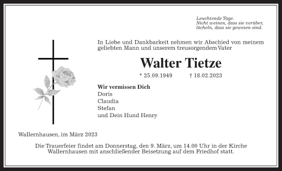 Traueranzeige von Walter Tietze von Kreis-Anzeiger, Kreis-Anzeiger
