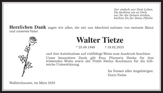 Traueranzeige von Walter Tietze von Kreis-Anzeiger