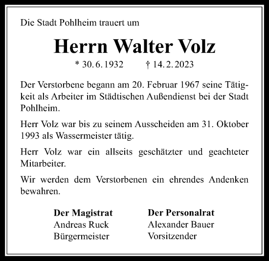 Traueranzeige von Walter Volz von Pohlheimer Nachrichten