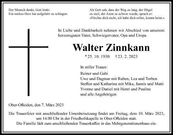 Traueranzeige von Walter Zinnkann von Alsfelder Allgemeine