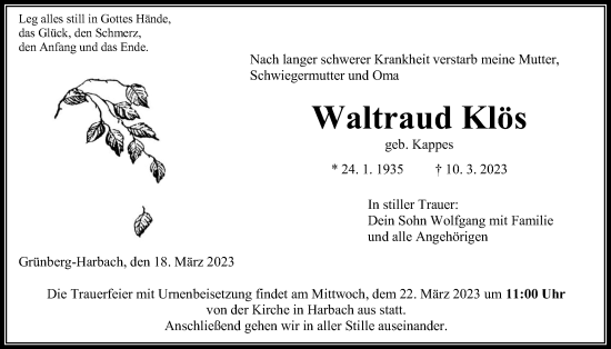 Traueranzeige von Waltraud Klös von Giessener Allgemeine, Alsfelder Allgemeine