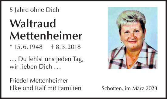 Traueranzeige von Waltraud Mettenheimer von Kreis-Anzeiger