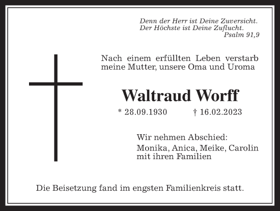 Traueranzeige von Waltraud Worff von Usinger Anzeiger