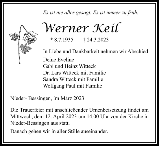 Traueranzeige von Werner Keil von Licher Wochenblatt