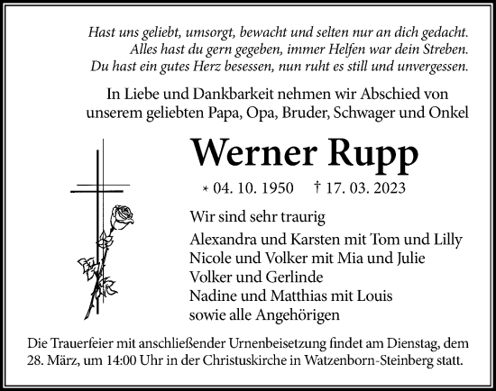 Traueranzeige von Werner Rupp von Giessener Allgemeine, Alsfelder Allgemeine, Giessener Anzeiger