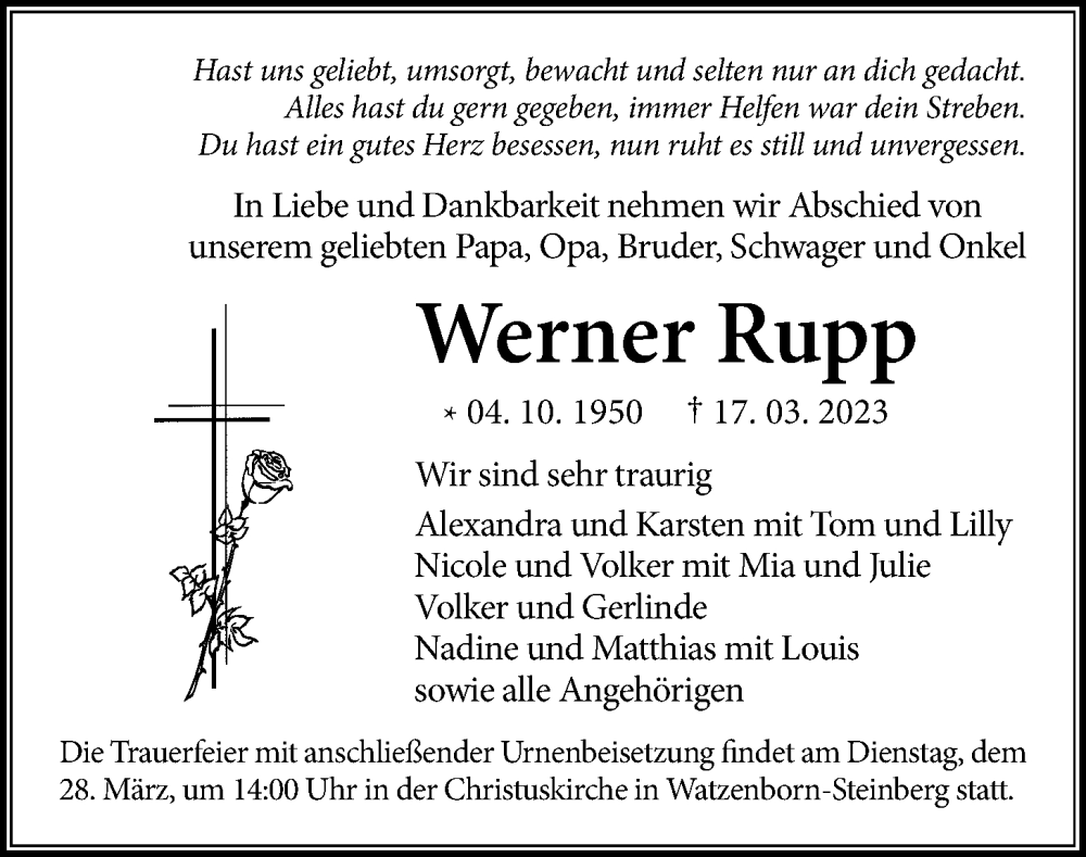  Traueranzeige für Werner Rupp vom 24.03.2023 aus Giessener Allgemeine, Alsfelder Allgemeine, Giessener Anzeiger