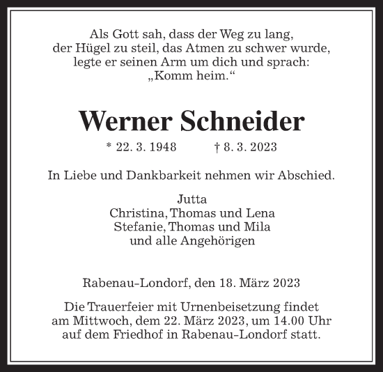 Traueranzeige von Werner Schneider von Giessener Allgemeine, Alsfelder Allgemeine