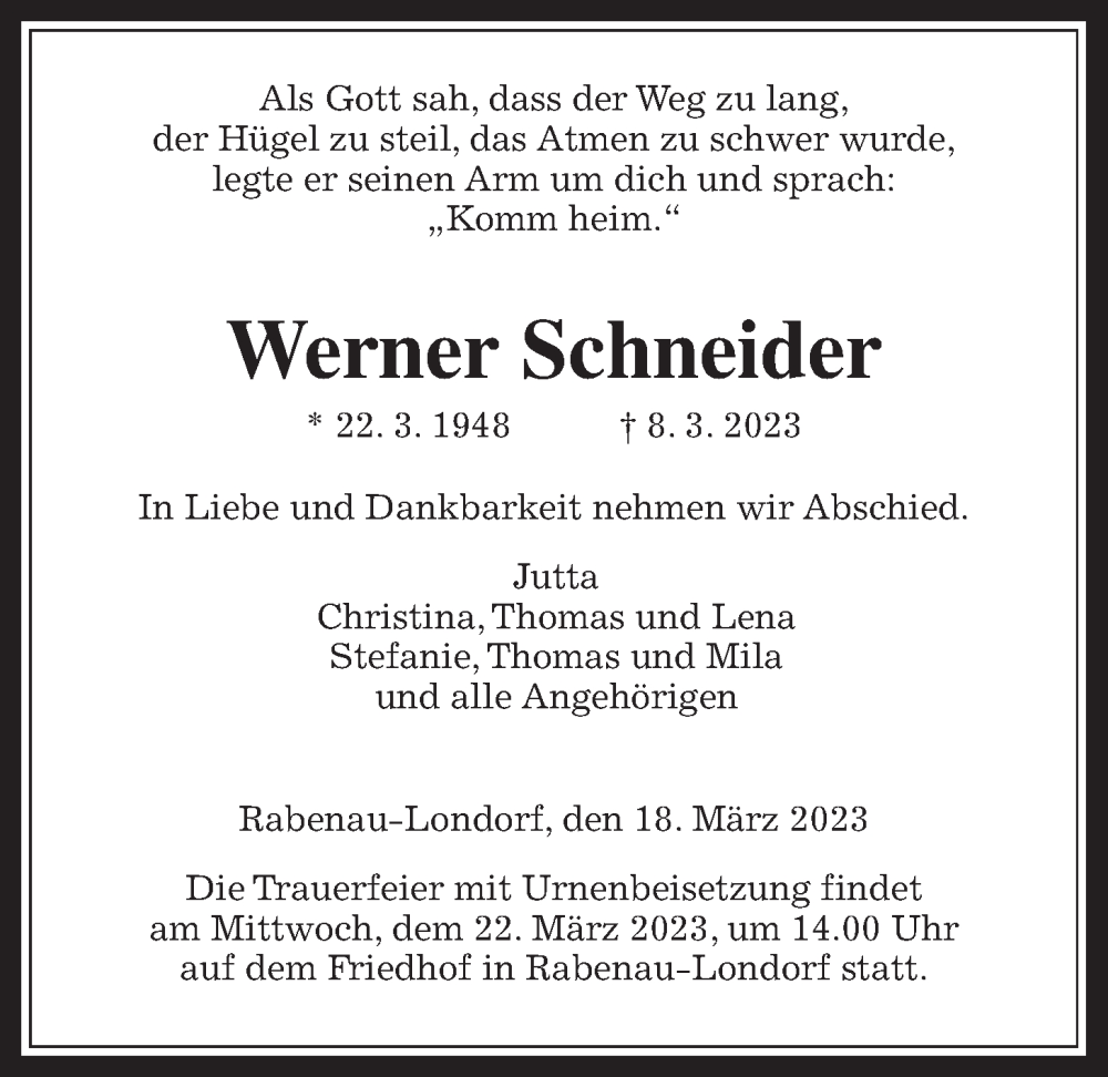  Traueranzeige für Werner Schneider vom 18.03.2023 aus Giessener Allgemeine, Alsfelder Allgemeine