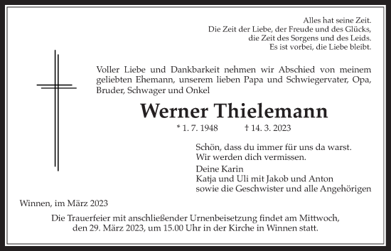 Traueranzeige von Werner Thielemann von Allendorfer Mitteilungen, Giessener Allgemeine, Alsfelder Allgemeine