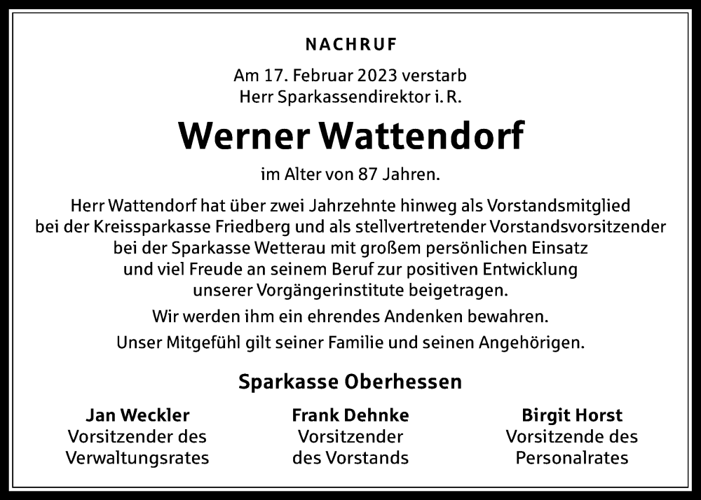  Traueranzeige für Werner Wattendorf vom 18.03.2023 aus Wetterauer Zeitung