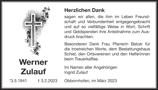 Traueranzeige von Werner Zulauf von Licher Wochenblatt