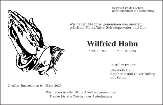 Traueranzeige von Wilfried Hahn von Giessener Anzeiger, Giessener Allgemeine, Alsfelder Allgemeine