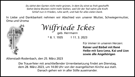 Traueranzeige von Wilfriede Ickes von Kreis-Anzeiger