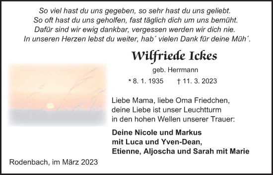 Traueranzeige von Wilfriede Ickes von Kreis-Anzeiger