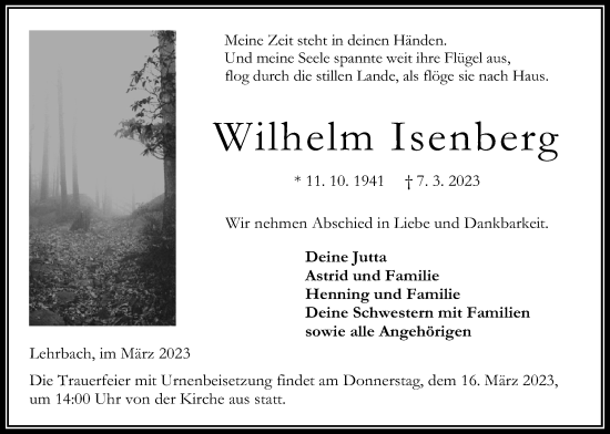 Traueranzeige von Wilhelm Isenberg von Alsfelder Allgemeine