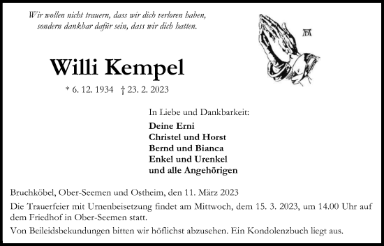 Traueranzeige von Willi Kempel von Kreis-Anzeiger