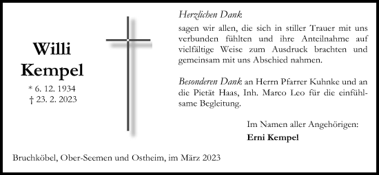 Traueranzeige von Willi Kempel von Kreis-Anzeiger