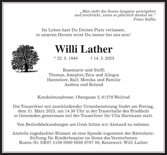 Traueranzeige von Willi Lather von Usinger Anzeiger