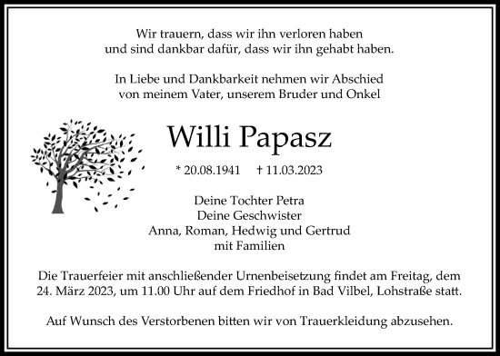 Traueranzeige von Willi Papasz von Bad Vilbel/Karben