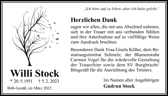 Traueranzeige von Willi Stock von Kreis-Anzeiger