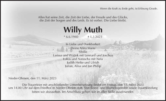 Traueranzeige von Willy Muth von Alsfelder Allgemeine