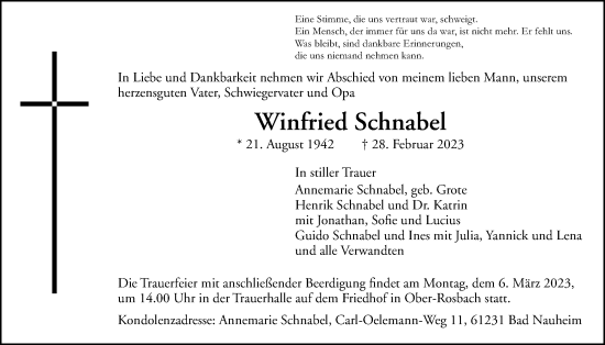 Traueranzeige von Winfried Schnabel von Wetterauer Zeitung, Wetterauer Zeitung