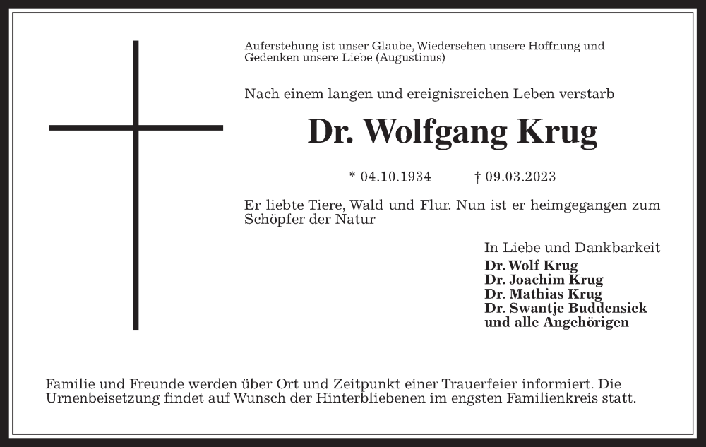  Traueranzeige für Wolfgang Krug vom 18.03.2023 aus Giessener Allgemeine, Alsfelder Allgemeine, Giessener Anzeiger