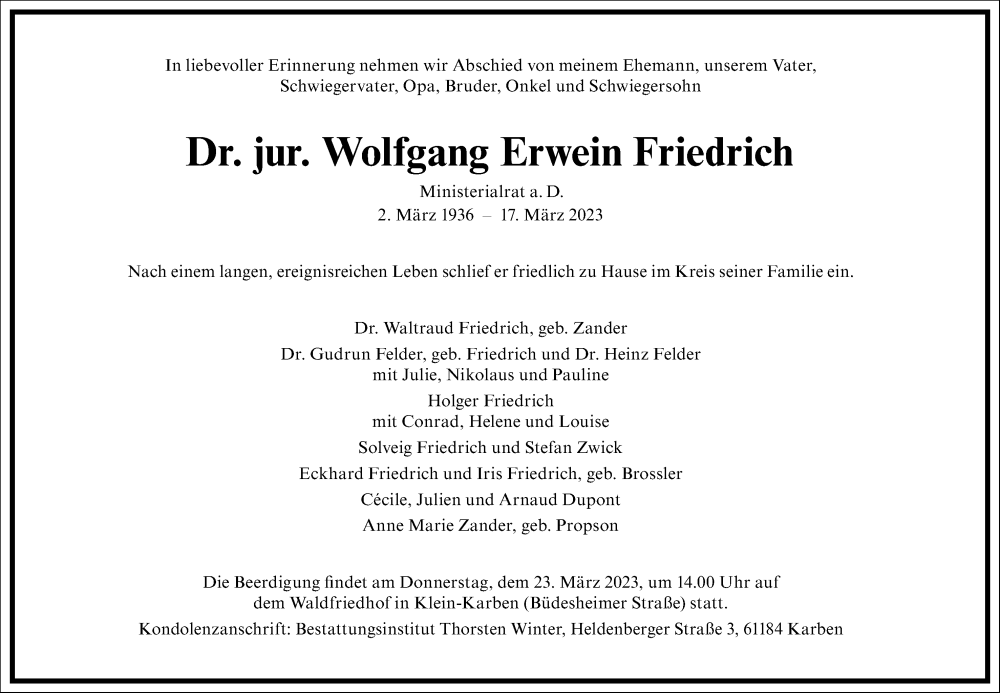  Traueranzeige für Wolfgang Erwein Friedrich vom 22.03.2023 aus Wetterauer Zeitung