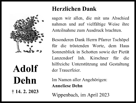 Traueranzeige von Adolf Dehn von Kreis-Anzeiger