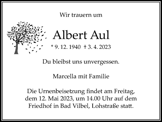Traueranzeige von Albert Aul von Bad Vilbel/Karben