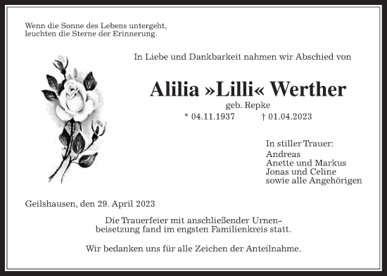 Traueranzeige von Alilia Werther von Giessener Anzeiger, Giessener Allgemeine, Alsfelder Allgemeine
