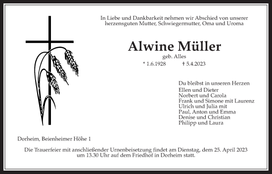 Traueranzeige von Alwine Müller von Wetterauer Zeitung