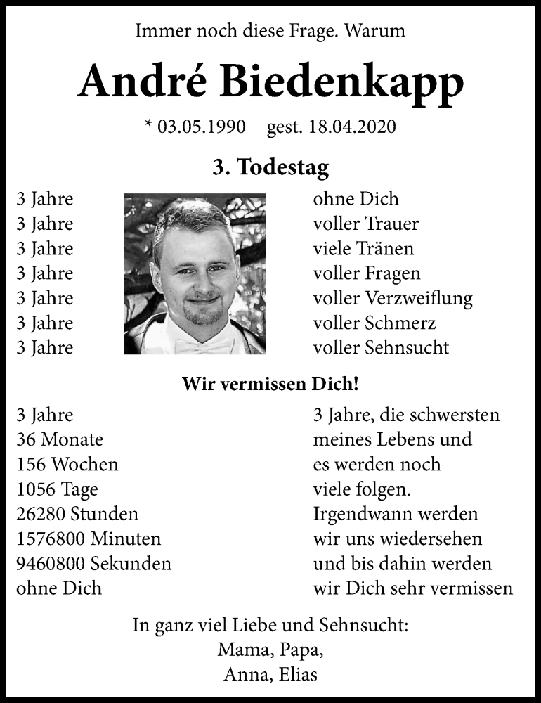  Traueranzeige für Andre Biedenkapp vom 22.04.2023 aus Giessener Allgemeine, Alsfelder Allgemeine