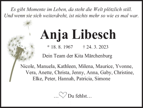 Traueranzeige von Anja Libesch von Kreis-Anzeiger