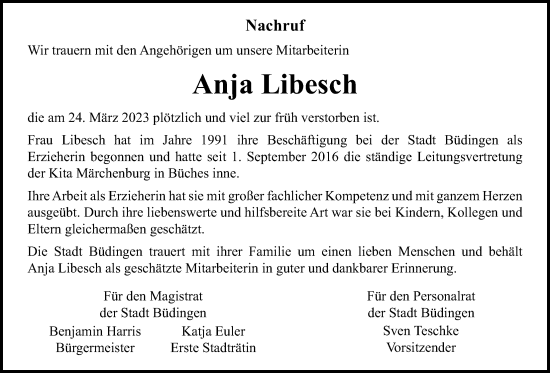 Traueranzeige von Anja Libesch von Kreis-Anzeiger