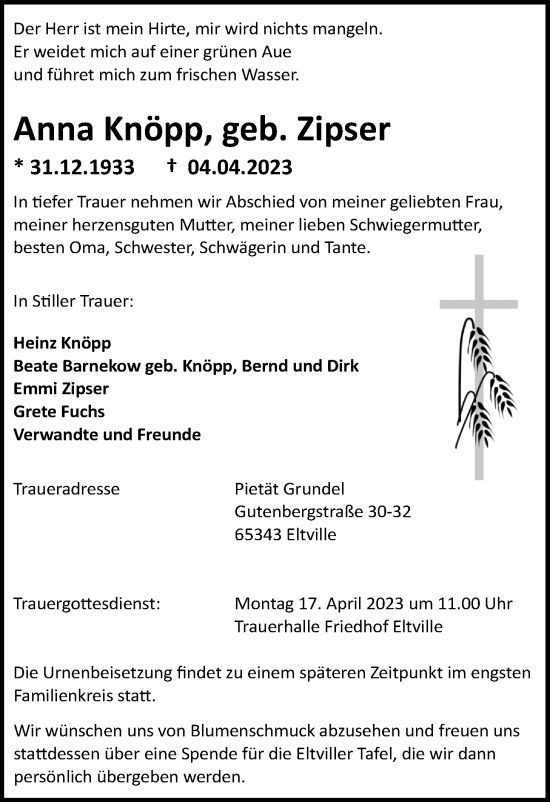 Traueranzeige von Anna Knöpp von Usinger Anzeiger