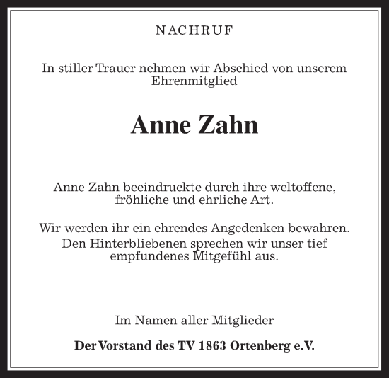 Traueranzeige von Anne Zahn von Kreis-Anzeiger