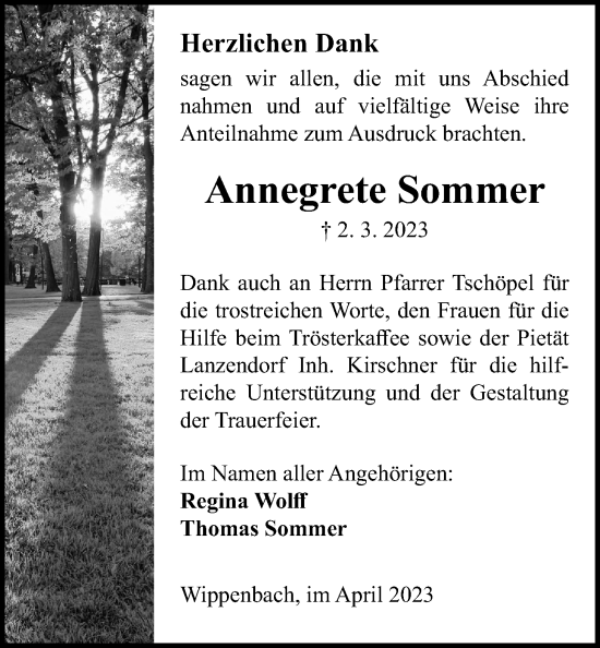 Traueranzeige von Annegrete Sommer von Kreis-Anzeiger