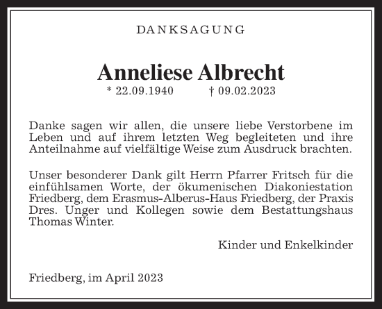 Traueranzeige von Anneliese Albrecht von Wetterauer Zeitung