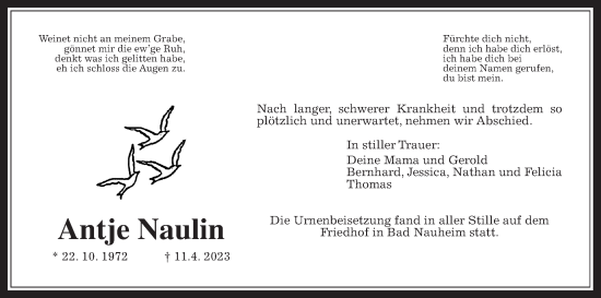 Traueranzeige von Antje Naulin von Wetterauer Zeitung