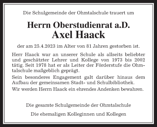 Traueranzeige von Axel Haack von Alsfelder Allgemeine