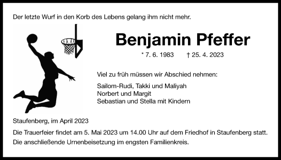 Traueranzeige von Benjamin Pfeffer von Giessener Anzeiger, Giessener Allgemeine, Alsfelder Allgemeine
