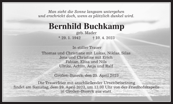 Traueranzeige von Bernhild Buchkamp von Giessener Allgemeine, Alsfelder Allgemeine, Giessener Anzeiger