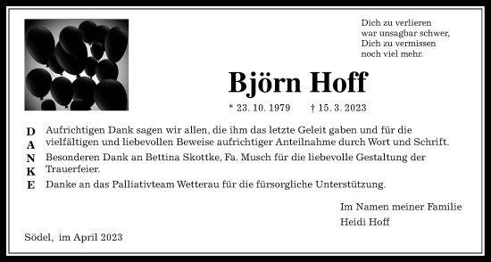 Traueranzeige von Björn Hoff von Wetterauer Zeitung
